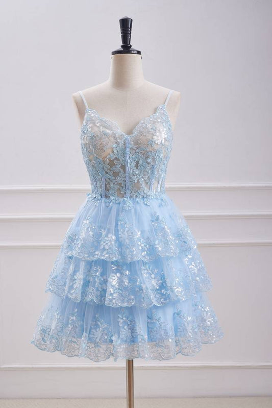 Sky Blue V-Neck A-Line Tulle Homecoming Dresses with Appliques