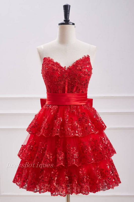 Red V-Neck Strapless Sequined A-Line Homecoming Dresses with Bow