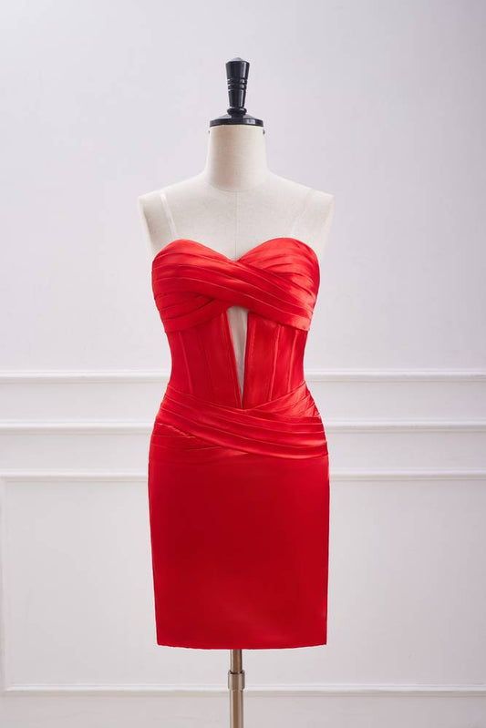 Red Strapless Sweetheart Sheath Satin Prom Dresses