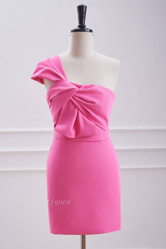 Candy Pink One-Shoulder Satin Sheath Homecoming Dresses