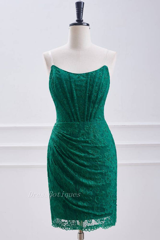 Dark Green Sheath Strapless Lace Homecoming Dresses with Rhinestones