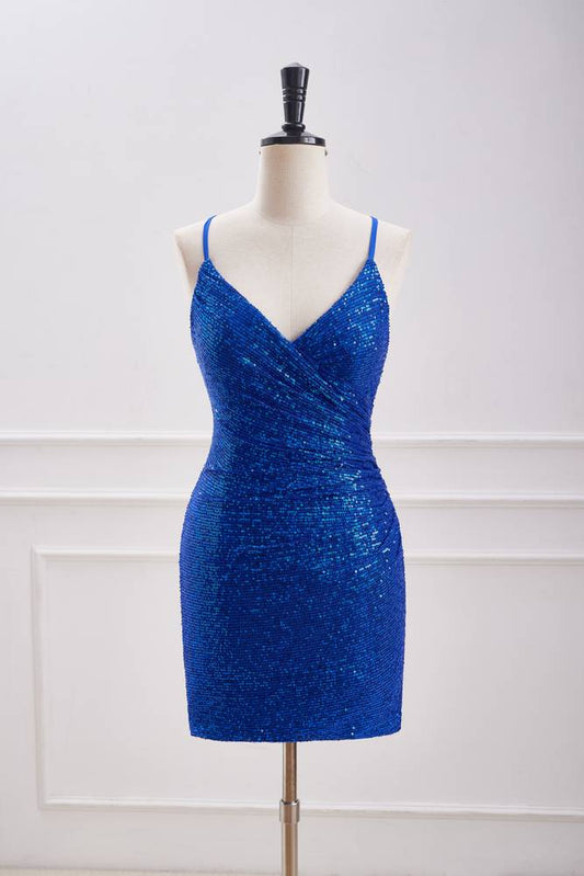 Royal Blue Sequined V-Neck Sheath Homecoming Dresses