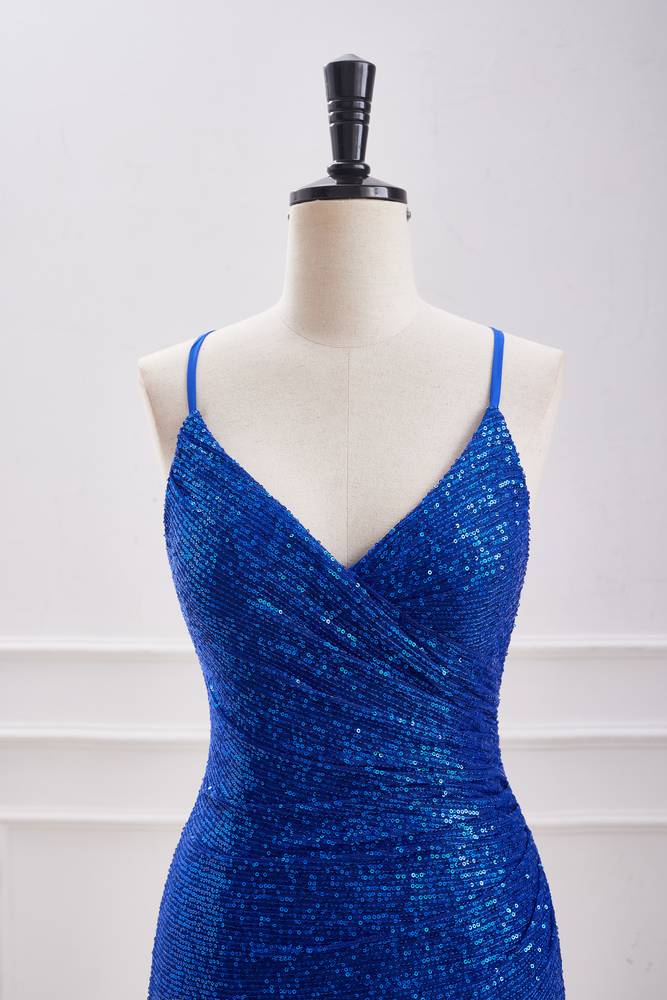 Royal Blue Sequined V-Neck Sheath Homecoming Dresses