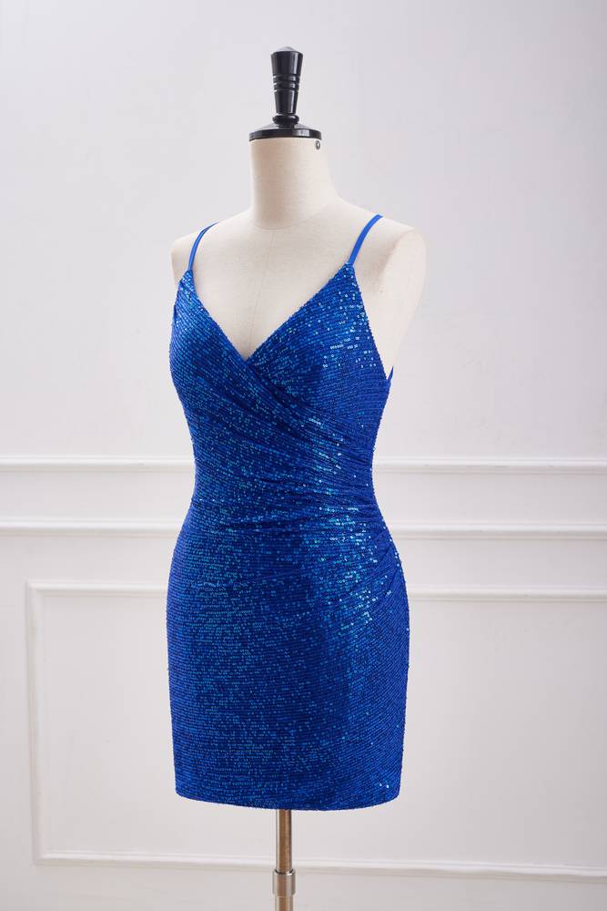 Royal Blue Sequined V-Neck Sheath Homecoming Dresses