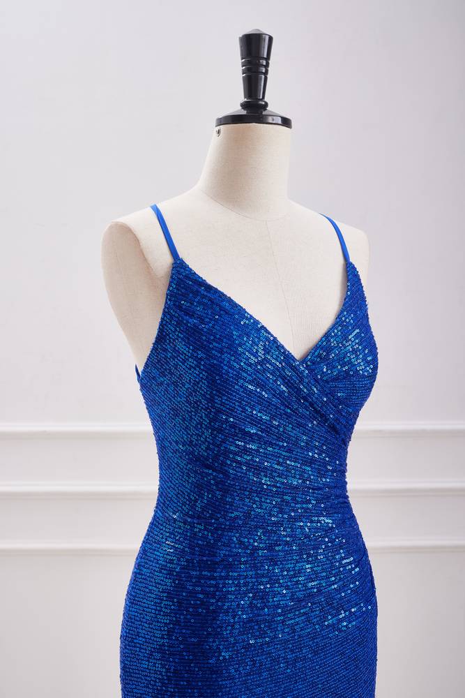 Royal Blue Sequined V-Neck Sheath Homecoming Dresses