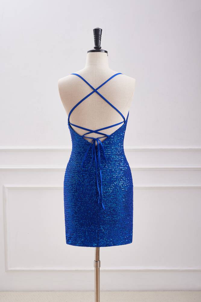 Royal Blue Sequined V-Neck Sheath Homecoming Dresses