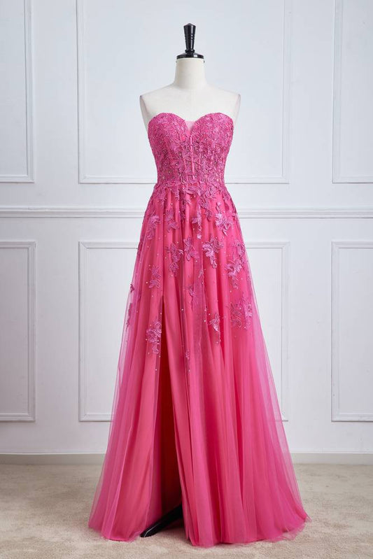 Fuchsia Sweetheart Tulle Split Front Party Dresses with Appliques