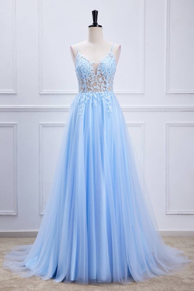 Sky Blue Spaghetti Straps Tulle Prom Dresses with Appliques