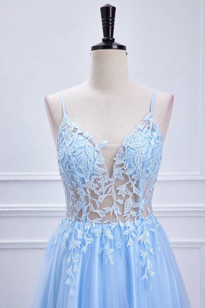 Sky Blue Spaghetti Straps Tulle Prom Dresses with Appliques