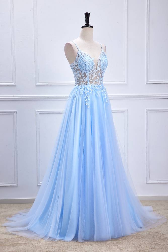 Sky Blue Spaghetti Straps Tulle Prom Dresses with Appliques