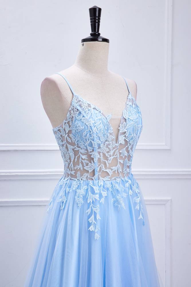 Sky Blue Spaghetti Straps Tulle Prom Dresses with Appliques