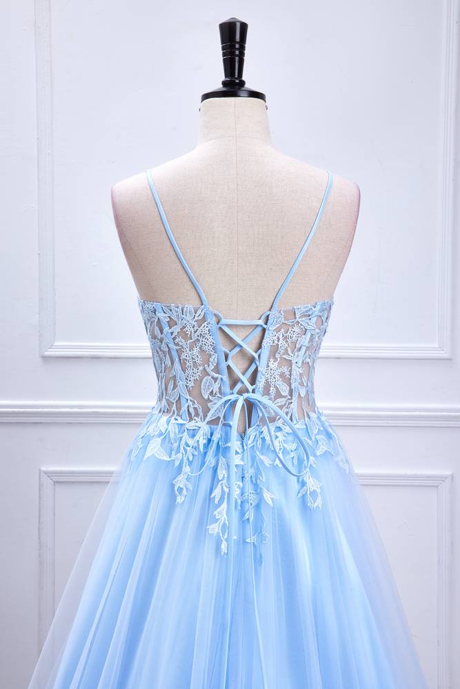 Sky Blue Spaghetti Straps Tulle Prom Dresses with Appliques