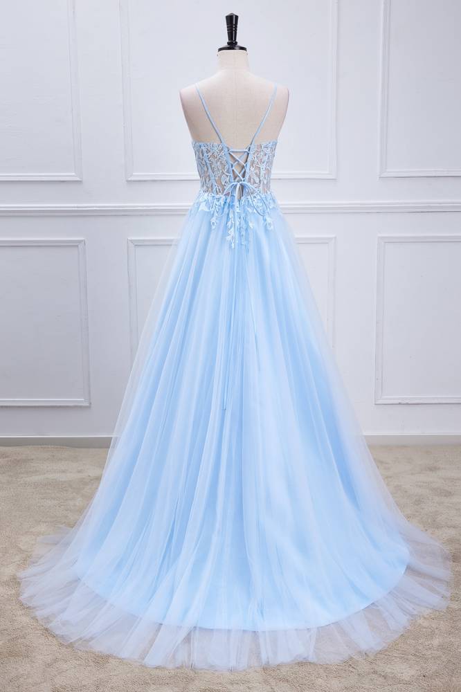 Sky Blue Spaghetti Straps Tulle Prom Dresses with Appliques