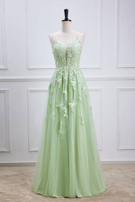 Sage Beaded V-Neck Tulle Party Dresses with Appliques