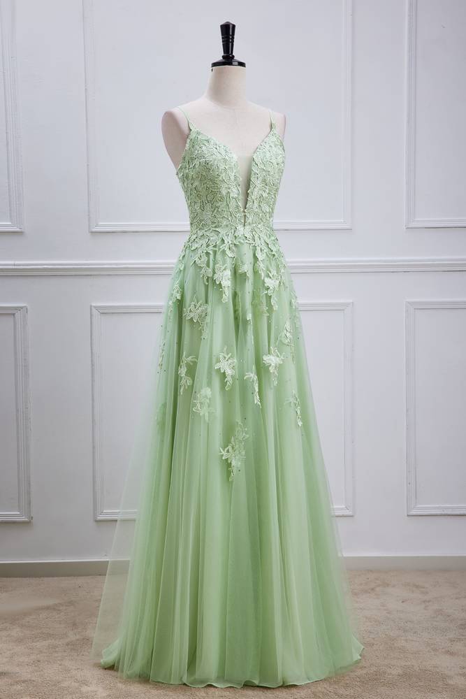 Sage Beaded V-Neck Tulle Party Dresses with Appliques