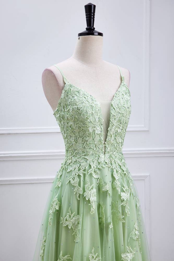 Sage Beaded V-Neck Tulle Party Dresses with Appliques