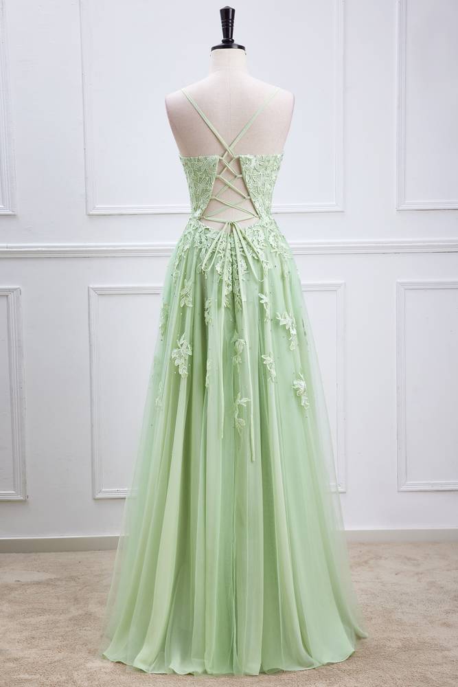 Sage Beaded V-Neck Tulle Party Dresses with Appliques