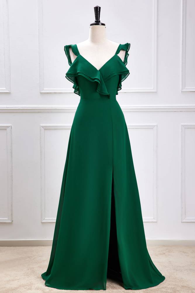 Dark Green V-Neck Backless Chiffon Bridesmaid Dresses with Slit