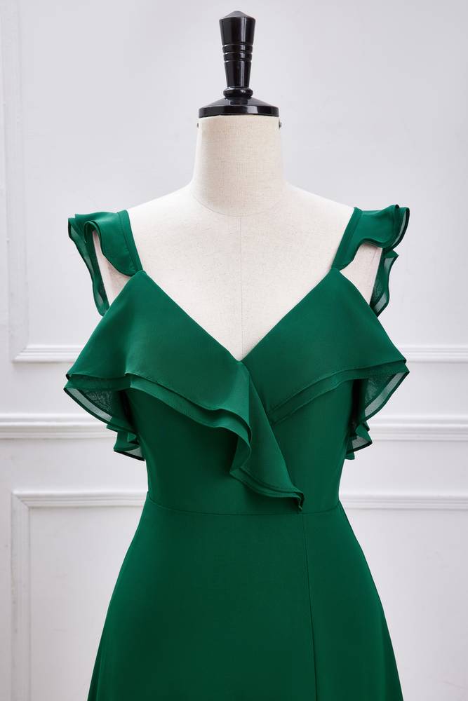 Dark Green V-Neck Backless Chiffon Bridesmaid Dresses with Slit