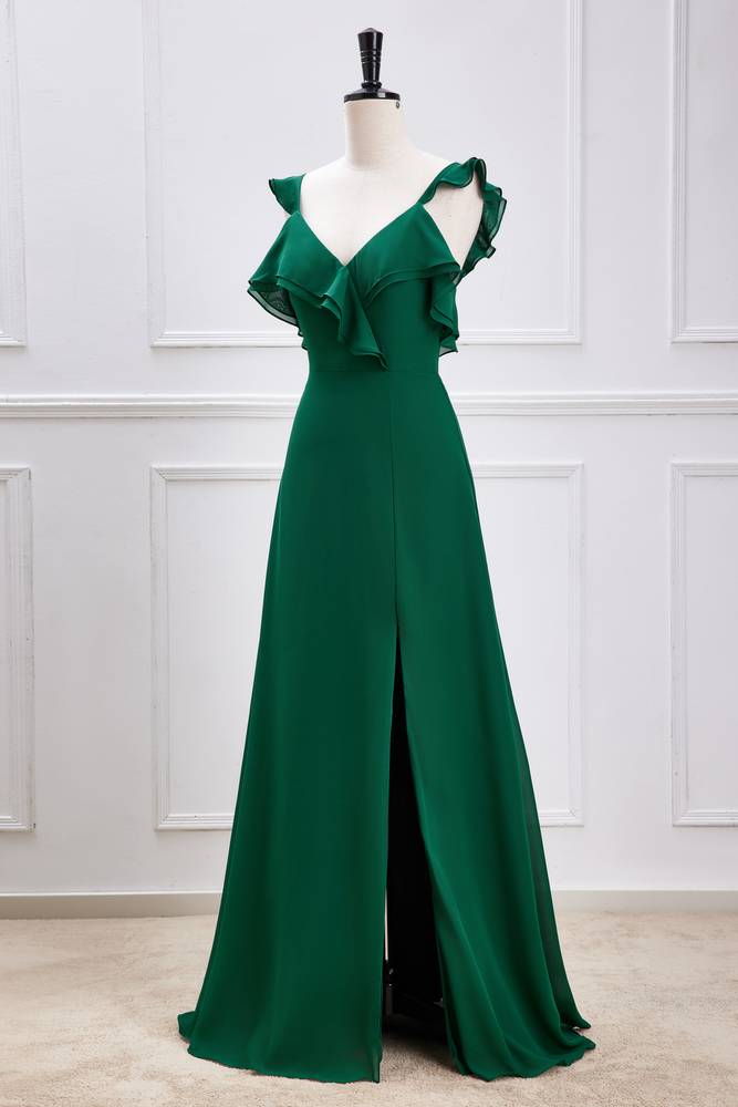 Dark Green V-Neck Backless Chiffon Bridesmaid Dresses with Slit