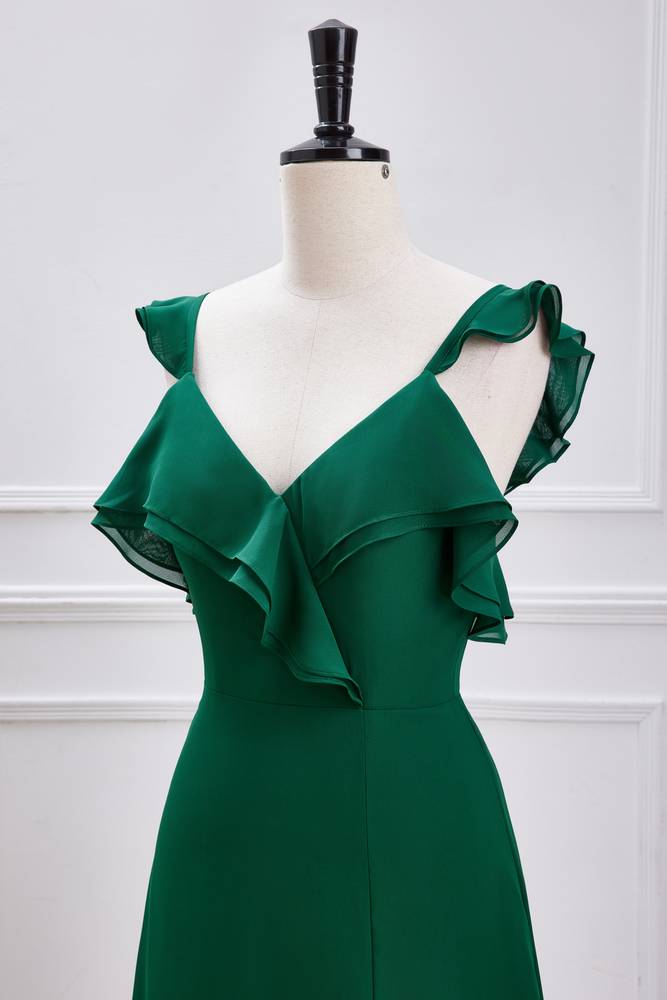 Dark Green V-Neck Backless Chiffon Bridesmaid Dresses with Slit