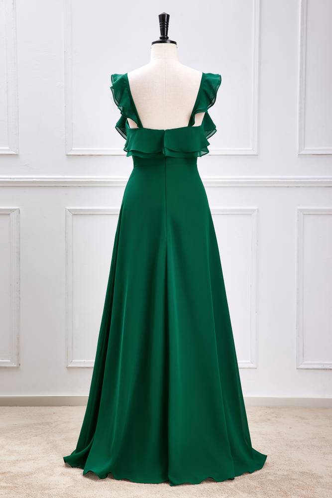 Dark Green V-Neck Backless Chiffon Bridesmaid Dresses with Slit