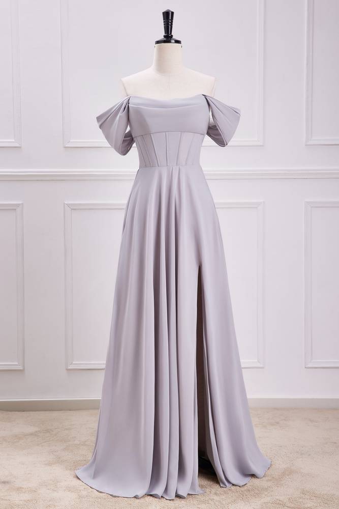 Grey Off-The-Shoulder Chiffon A-Line Bridesmaid Dresses with Slit