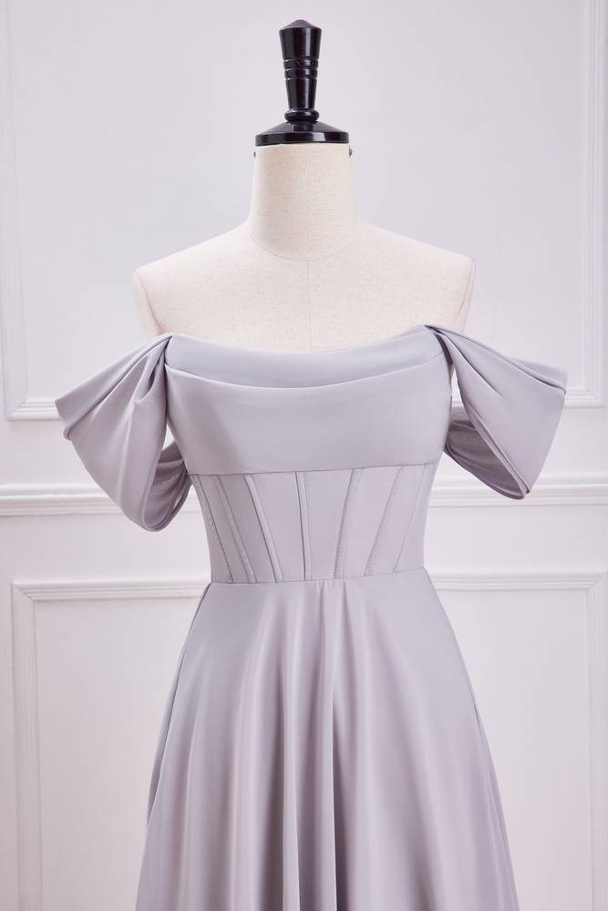 Grey Off-The-Shoulder Chiffon A-Line Bridesmaid Dresses with Slit