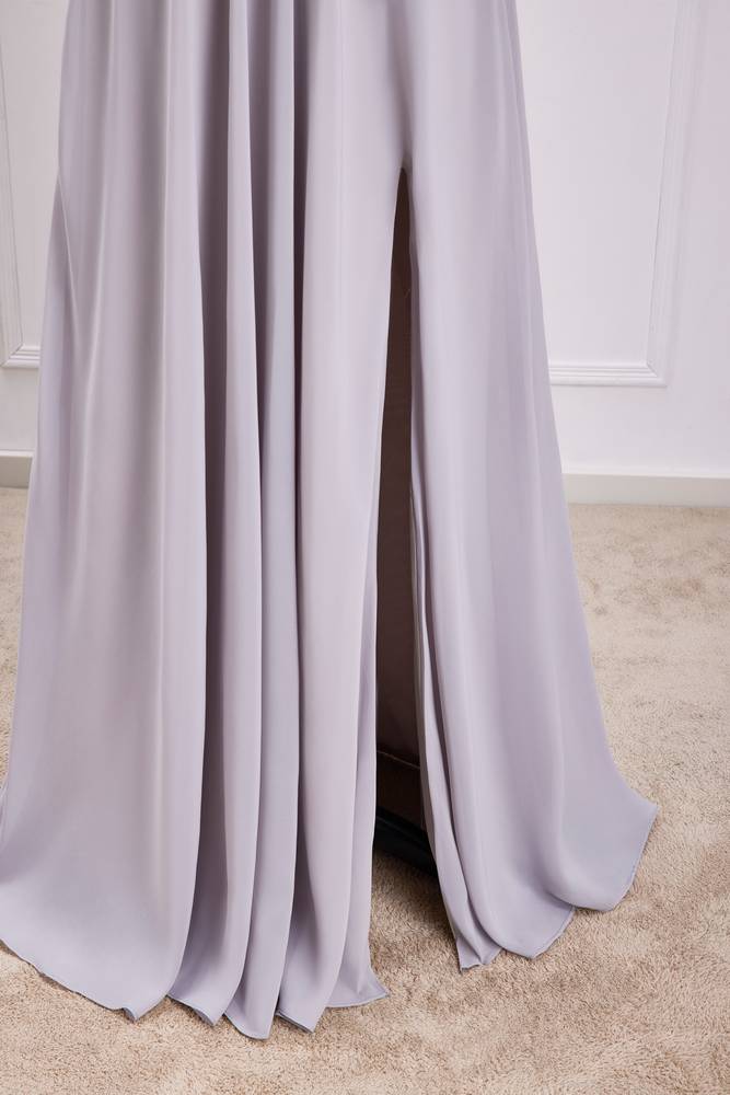 Grey Off-The-Shoulder Chiffon A-Line Bridesmaid Dresses with Slit