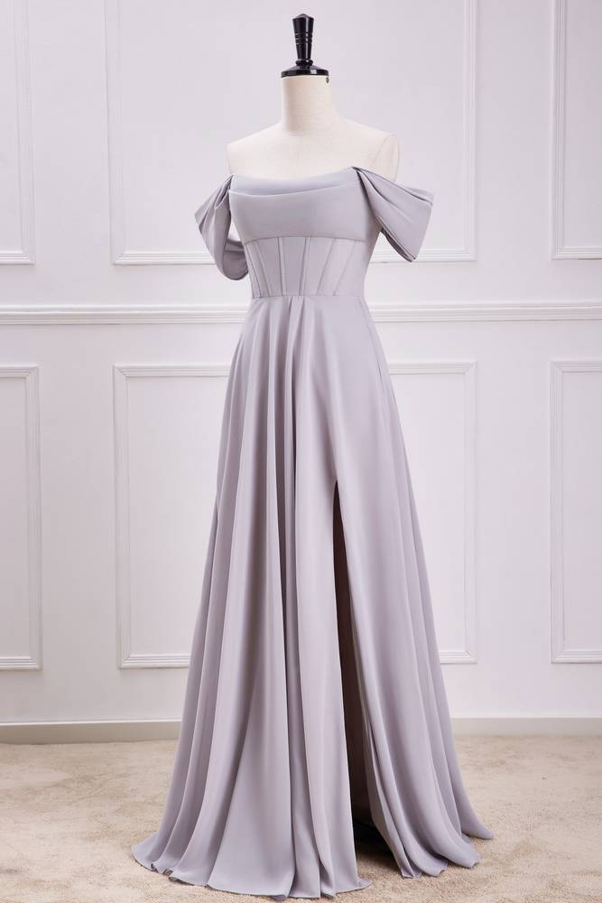 Grey Off-The-Shoulder Chiffon A-Line Bridesmaid Dresses with Slit