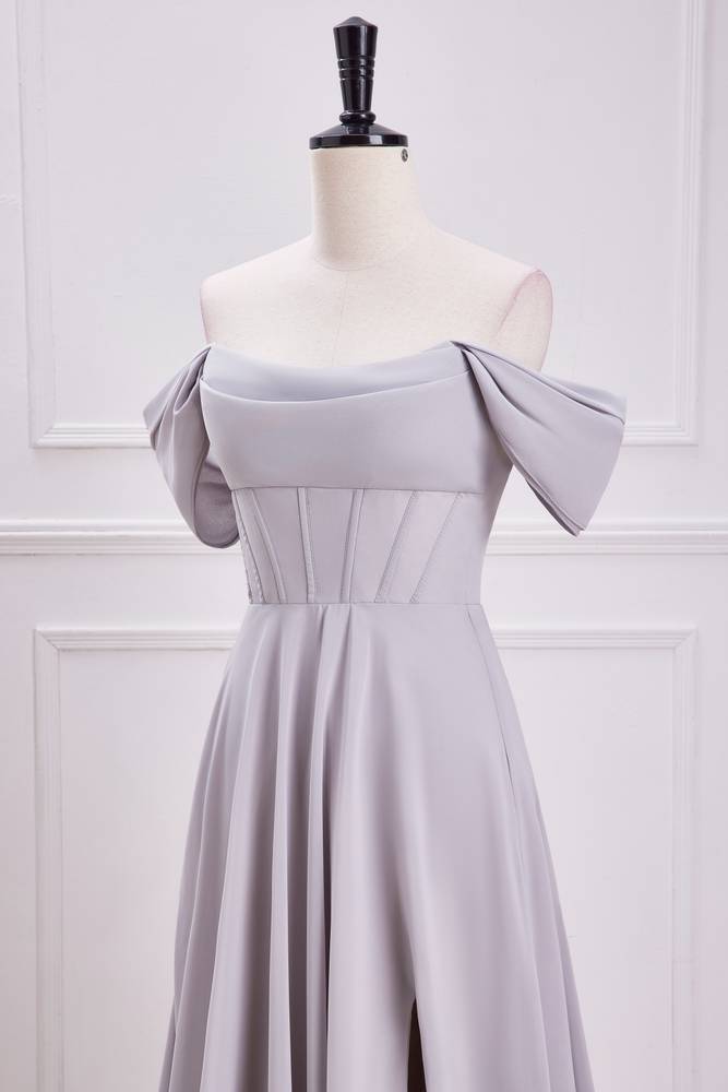 Grey Off-The-Shoulder Chiffon A-Line Bridesmaid Dresses with Slit