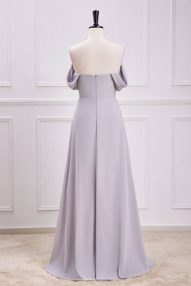 Grey Off-The-Shoulder Chiffon A-Line Bridesmaid Dresses with Slit