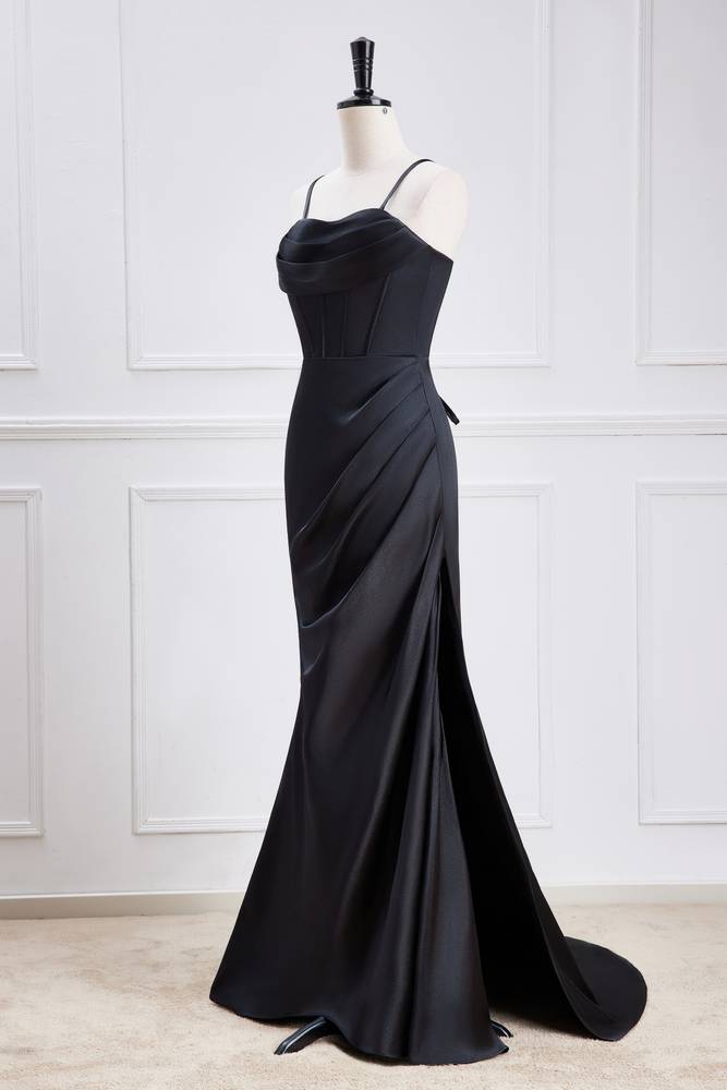 Black Spaghetti Straps Mermaid Satin Prom Dresses with Slit