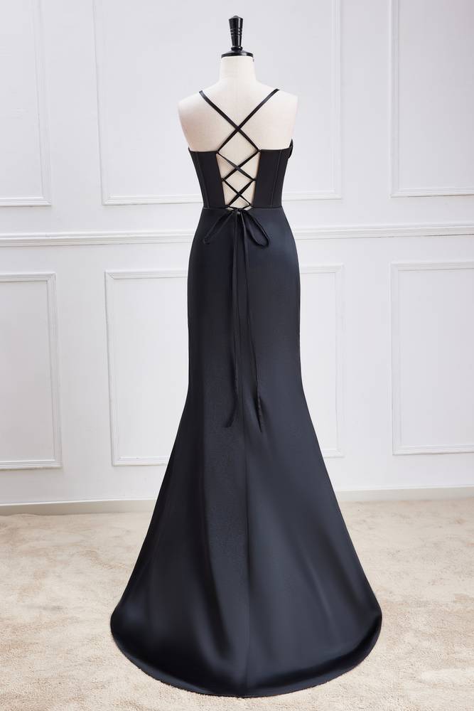 Black Spaghetti Straps Mermaid Satin Prom Dresses with Slit