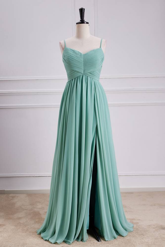 Green V-Neck Split Front Chiffon Bridesmaid Dresses with Ruffles