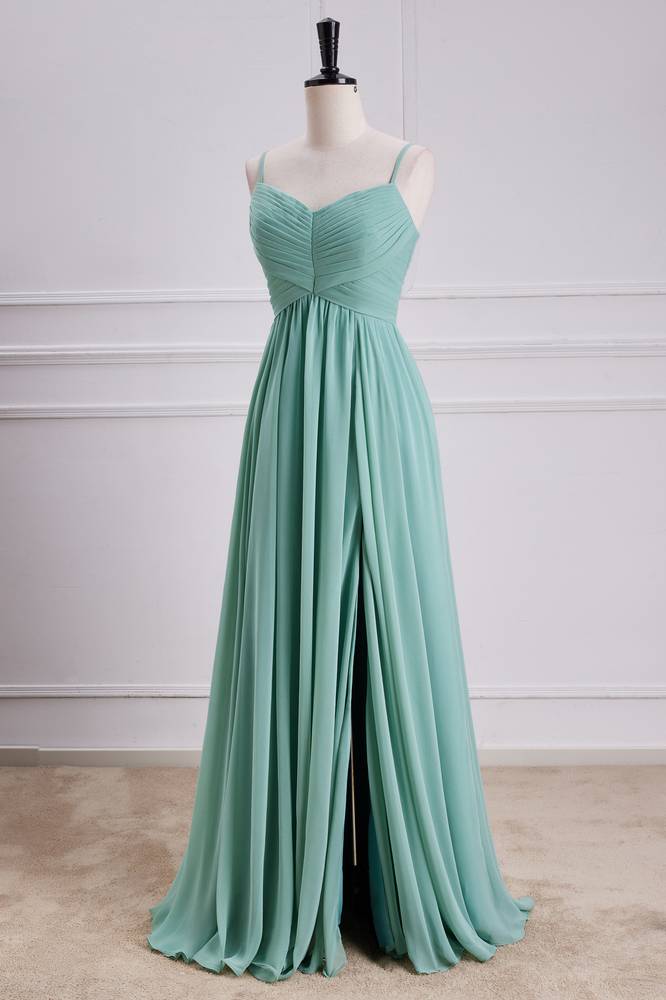 Green V-Neck Split Front Chiffon Bridesmaid Dresses with Ruffles