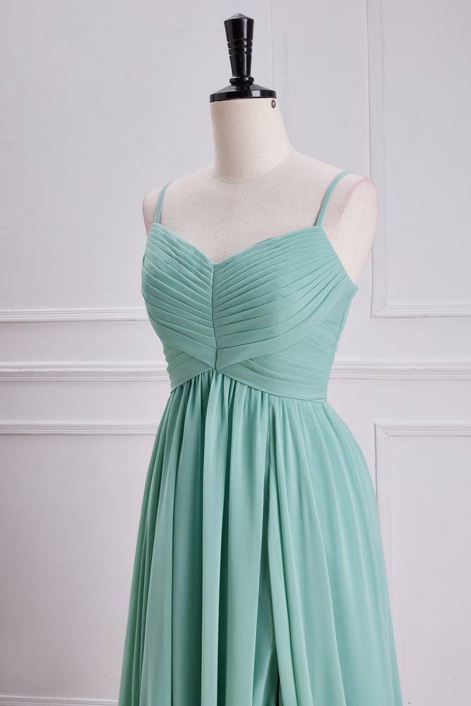 Green V-Neck Split Front Chiffon Bridesmaid Dresses with Ruffles