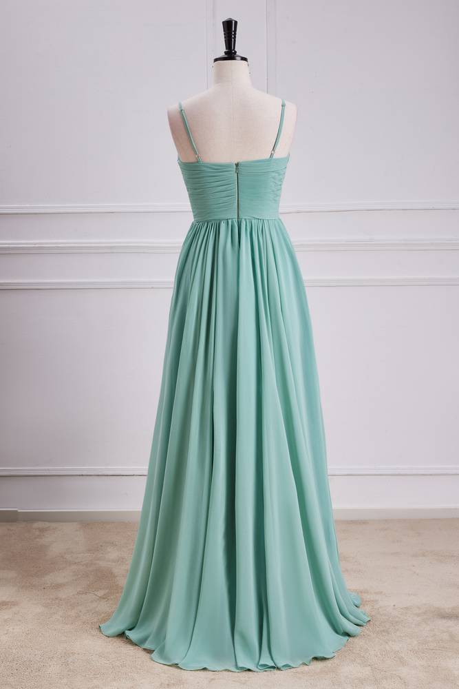 Green V-Neck Split Front Chiffon Bridesmaid Dresses with Ruffles