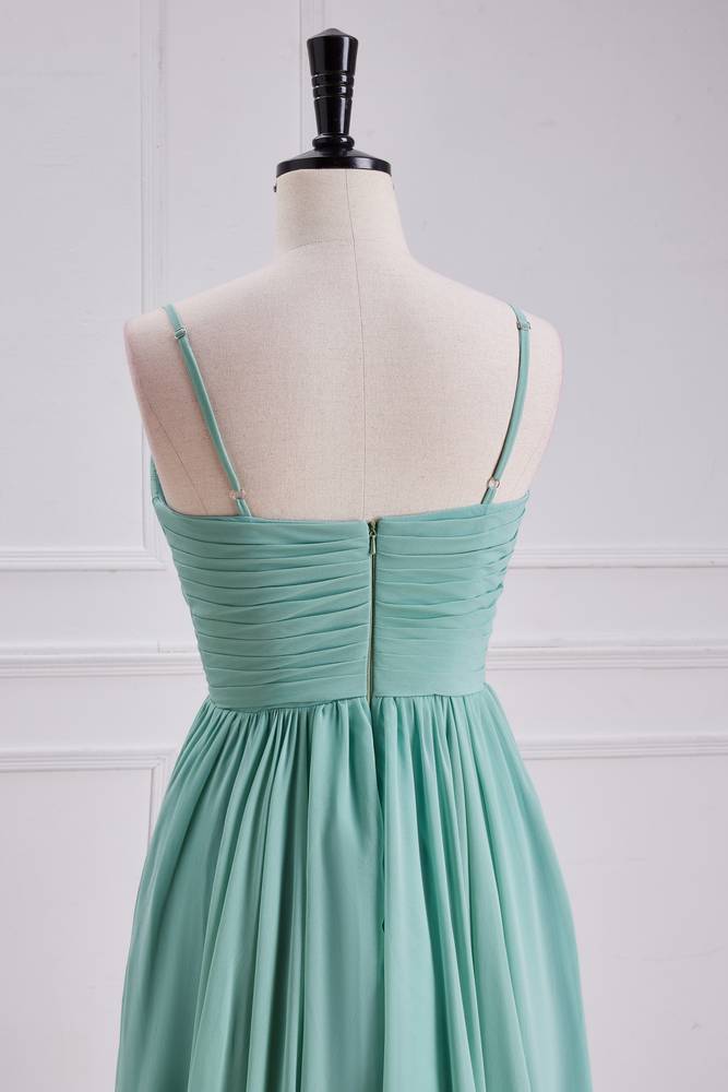 Green V-Neck Split Front Chiffon Bridesmaid Dresses with Ruffles