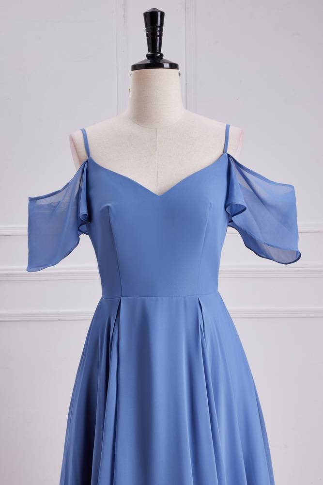 Blue Spaghetti Straps Off-The-Shoulder Bridesmaid Dresses