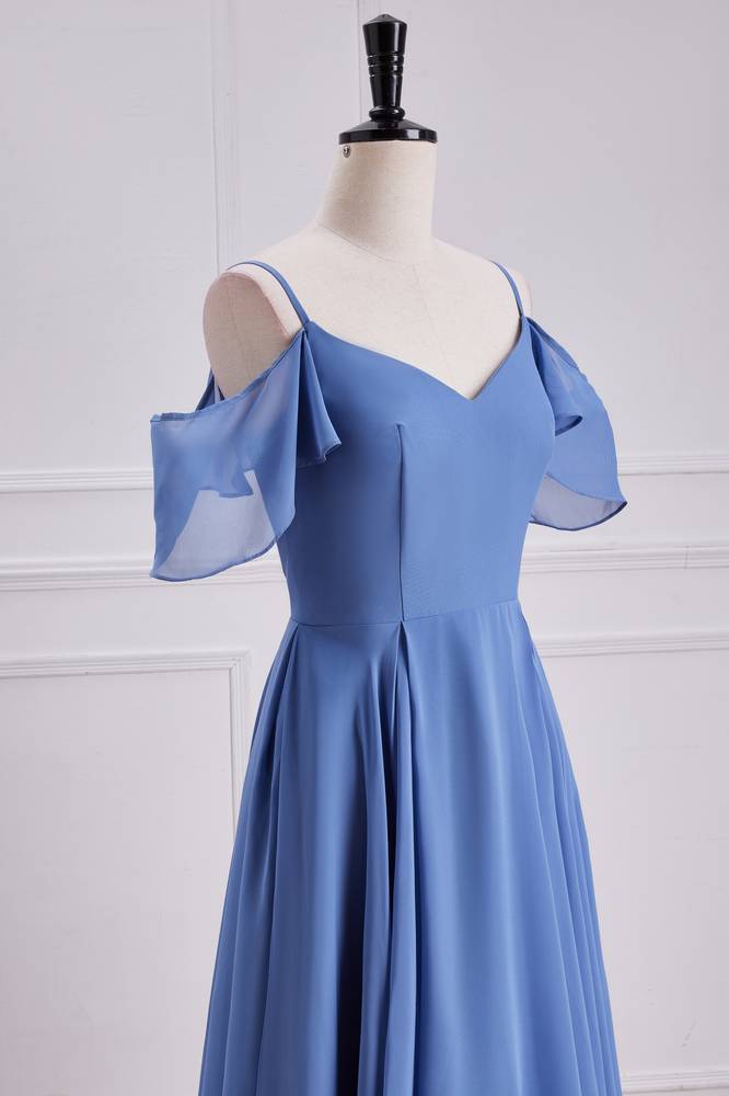 Blue Spaghetti Straps Off-The-Shoulder Bridesmaid Dresses