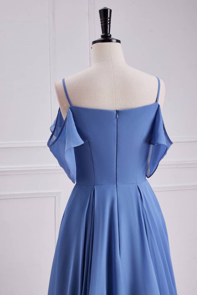 Blue Spaghetti Straps Off-The-Shoulder Bridesmaid Dresses