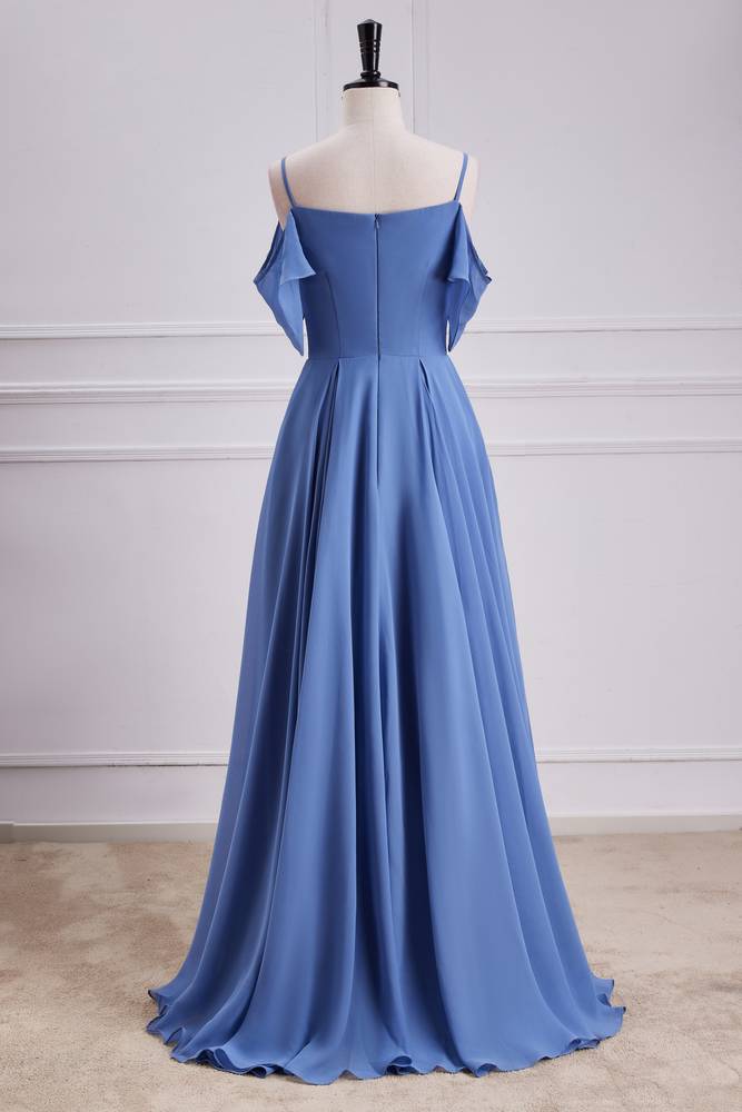 Blue Spaghetti Straps Off-The-Shoulder Bridesmaid Dresses