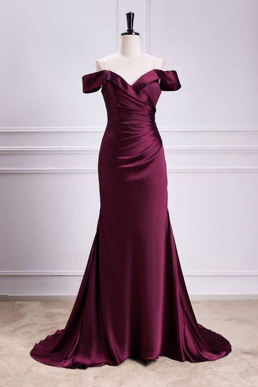 Burgundy Off-The-Shoulder V-Neck Satin Mermaid Prom Dresses