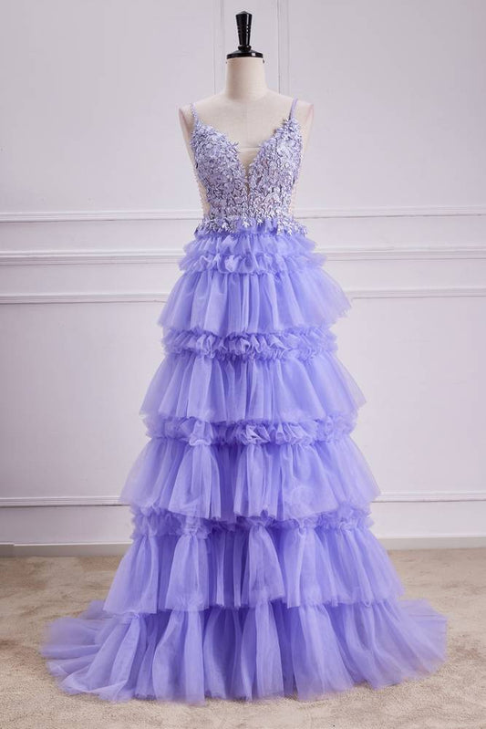 Lavender V-Neck Sleeveless Tiered Party Dresses with Appliques