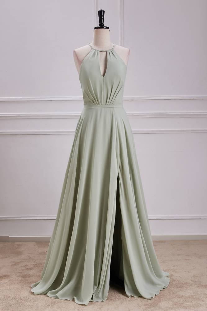 Green Crew Neck A-Line Chiffon Bridesmaid Dresses with Slit