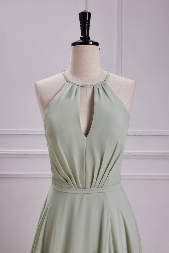 Green Crew Neck A-Line Chiffon Bridesmaid Dresses with Slit