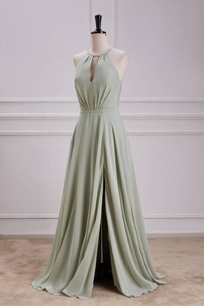 Green Crew Neck A-Line Chiffon Bridesmaid Dresses with Slit