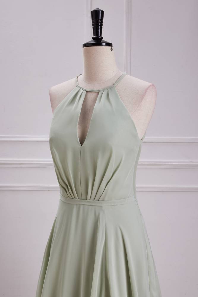 Green Crew Neck A-Line Chiffon Bridesmaid Dresses with Slit