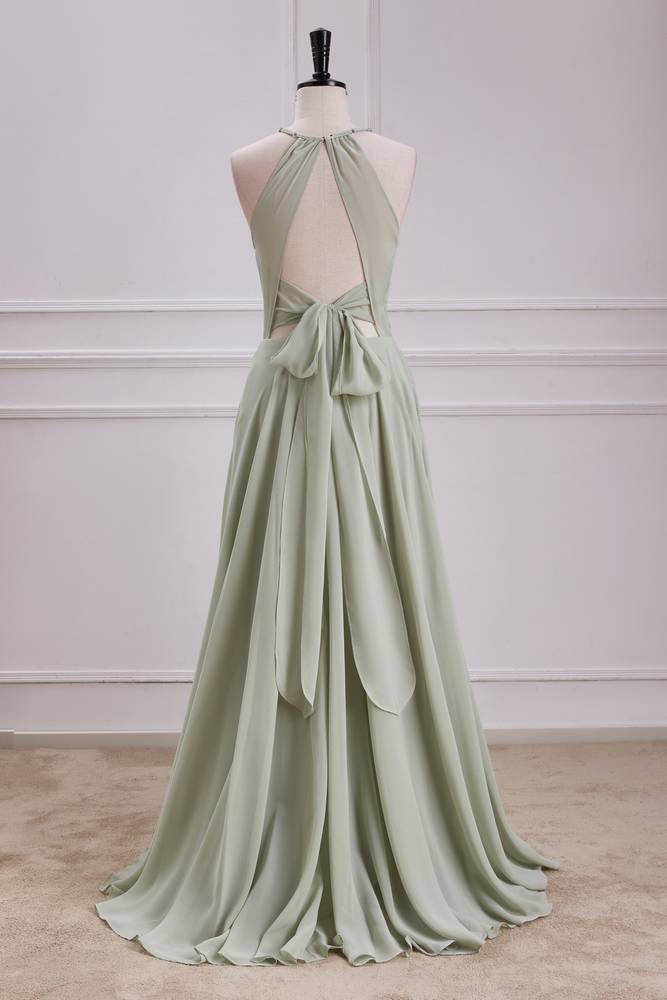 Green Crew Neck A-Line Chiffon Bridesmaid Dresses with Slit